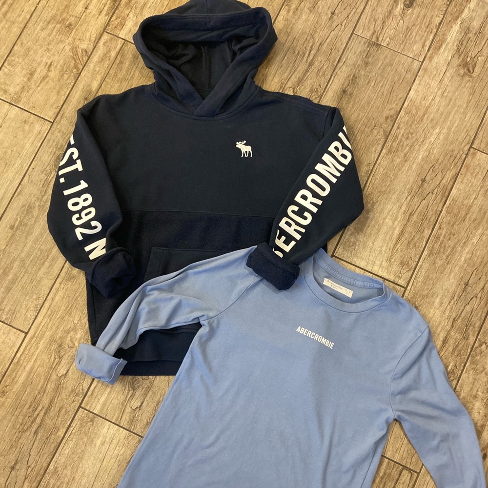 Abercrombie Navy Blue Logo Hoodie & Lt Blue Abercrombie Long Sleeve Tee BUNDLE